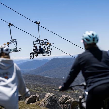 People enjoy the heights at Thredbo Mountain Bike Park, Snowy Mountains