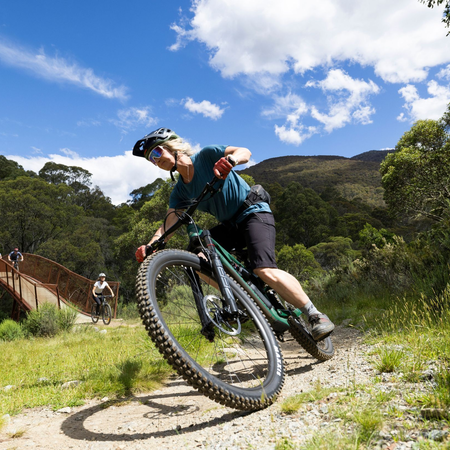 A family enjoys  thrill of moutain bike riding at the Thredbo Valley Track, Thredbo, Snowy Mountains