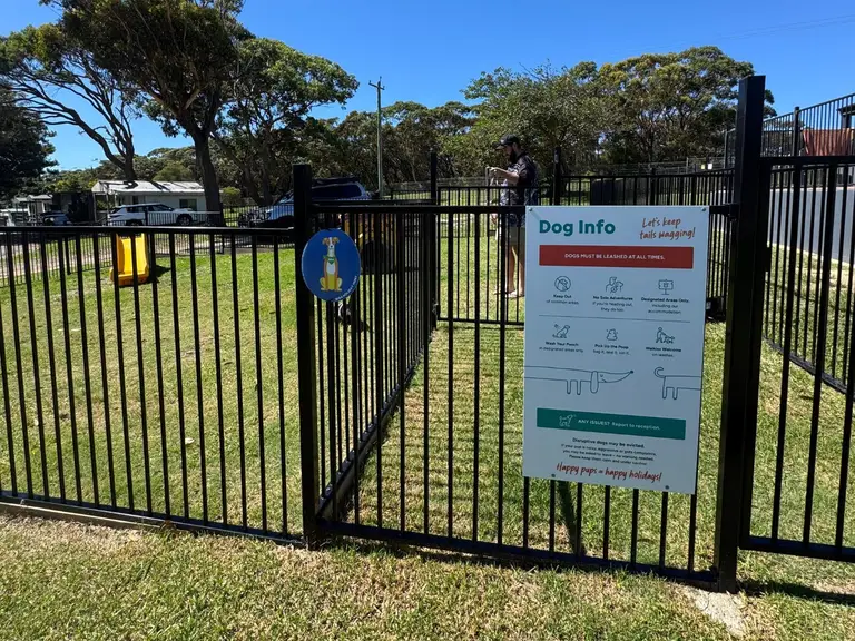 Fenced off-lead dog exercise area at BIG4 Wallaga Lake Holiday Park on the NSW South Coast.