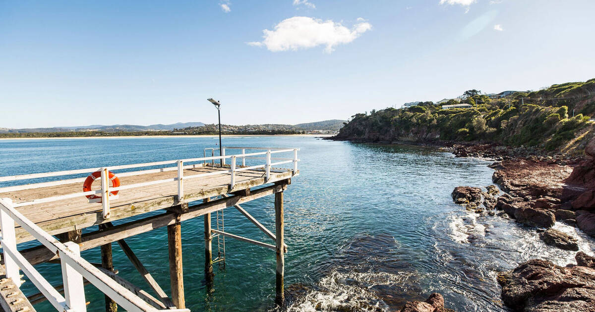 Scenic coastal views across Merimbula Bay from Merimbula wharf.