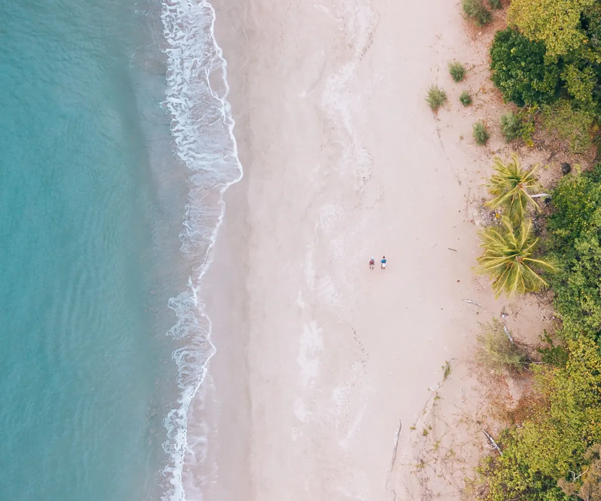An aerial view of a beach on Hinchinbrook Island, with two people walking along the sand