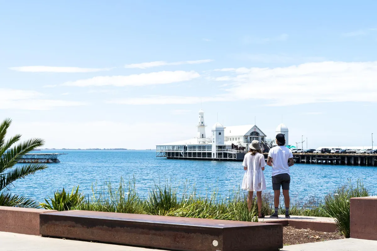 Visitors taking in the views from the Geelong Waterfront overlooking Cunningham Pier. Image credit: Visit Victoria